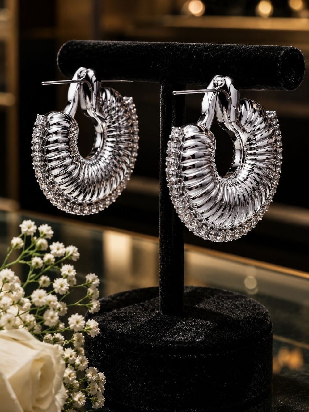 Silver Ribbed Hoop Earrings with Crystal Trim